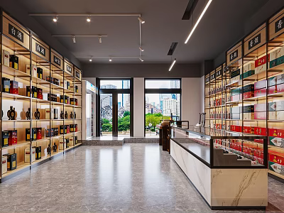 Liquor and Tobacco Store Modern Interior With Shelves Display Counters And Large Windows 3d model