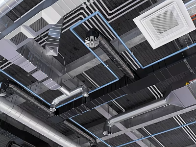 Industrial Ceiling Structure With Exposed Ducts Vents Metal Frames And Cables 3d model