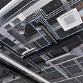Industrial Ceiling Structure With Exposed Ducts Vents Metal Frames And Cables