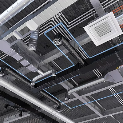 Industrial Ceiling Structure With Exposed Ducts Vents Metal Frames And Cables 3d model