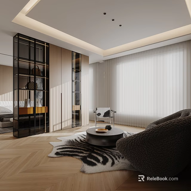Modern Walk in Closet Interior Design With Glass Doors And Wooden Cabinets 3d model 