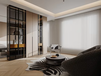 Modern Walk in Closet Interior Design With Glass Doors And Wooden Cabinets 3d model