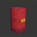 Red Metal Oil Drum With Yellow Warning Label And Rustic Surface