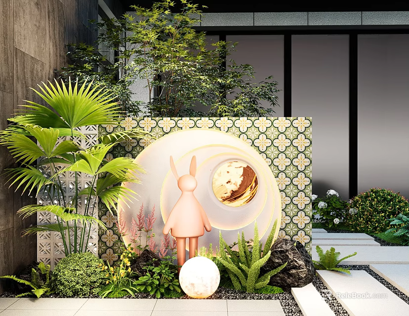 Landscape Feature Wall With Decorative Tile Pattern Circular Lighting Rabbit Sculpture And Surrounding Greenery 3d model 