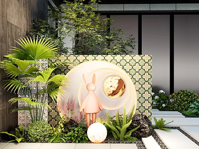 Landscape Feature Wall With Decorative Tile Pattern Circular Lighting Rabbit Sculpture And Surrounding Greenery 3d model