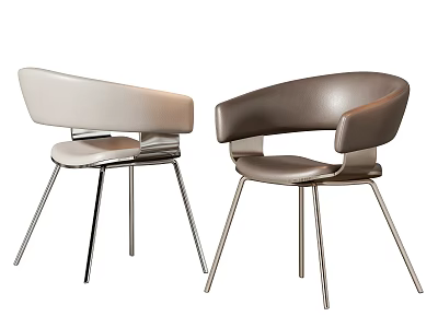 Modern Single Chairs with Curved Backrest Leather Upholstery and Metal Legs in Beige and Brown 3d model