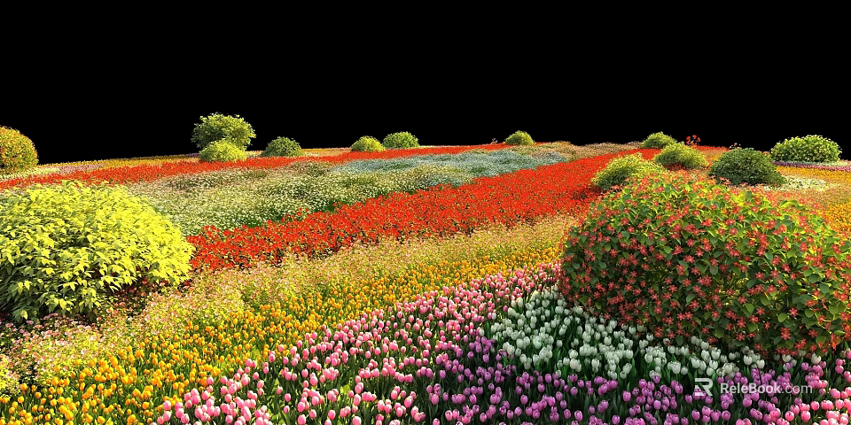 Vibrant Park Landscape With Colorful Flower Fields Green Shrubs And Trees 3d model 