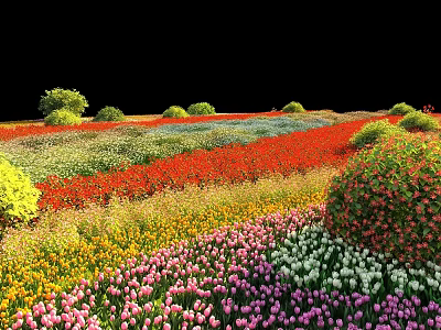 Vibrant Park Landscape With Colorful Flower Fields Green Shrubs And Trees 3d model