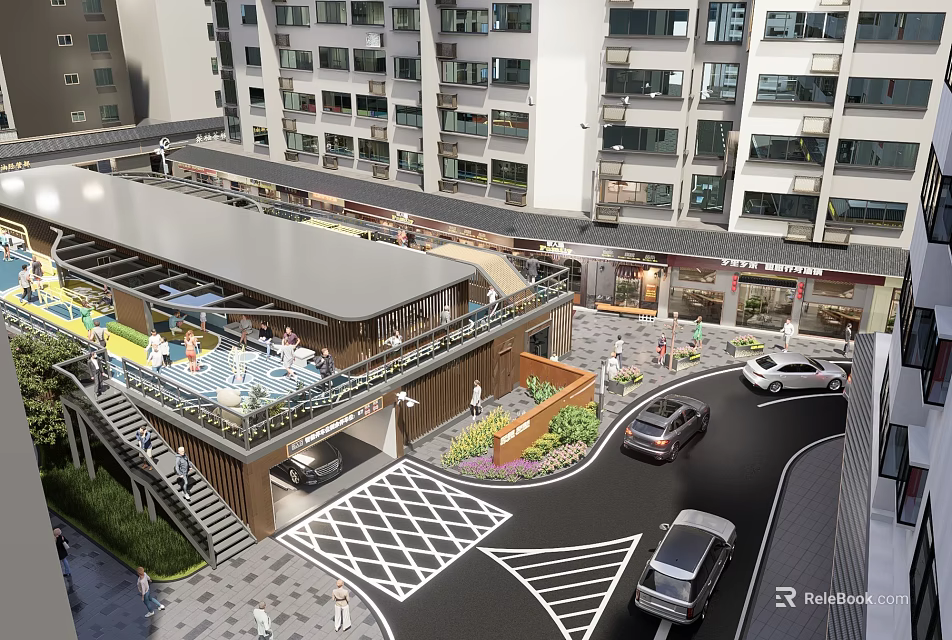 Modern Multi Story Building Complex With Rooftop Area Parking Pedestrian Walkways Greenery And Vehicles 3d model 