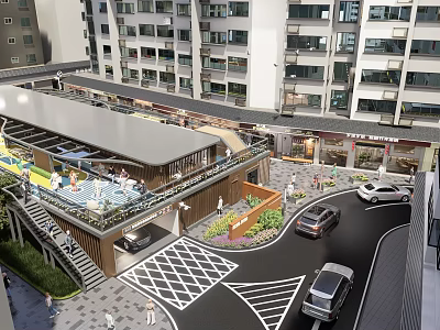 Modern Multi Story Building Complex With Rooftop Area Parking Pedestrian Walkways Greenery And Vehicles 3d model