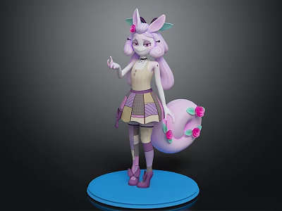 Pink Haired Girl Character With Rabbit Companion Flower Decorations And Blue Base 3d model