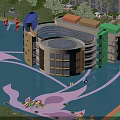 Colorful Circular School Building With Playground Play Equipment And Surrounding Trees
