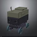 Gray And Purple Robot Character With Blue Wheels And Small Animal Creature