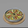 Delicious Seafood Rice with Lemon Slices Red Chilies Squid Rings in Stoneware Pot