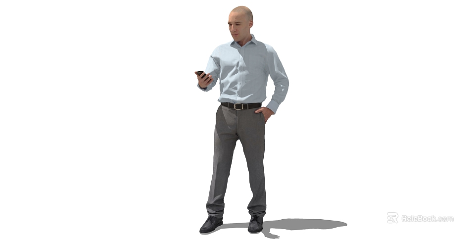A Man in Light Blue Shirt Standing Holding Mobile Phone with One Hand in Pocket 3d model 