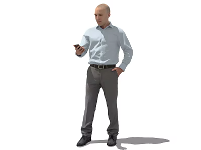A Man in Light Blue Shirt Standing Holding Mobile Phone with One Hand in Pocket 3d model
