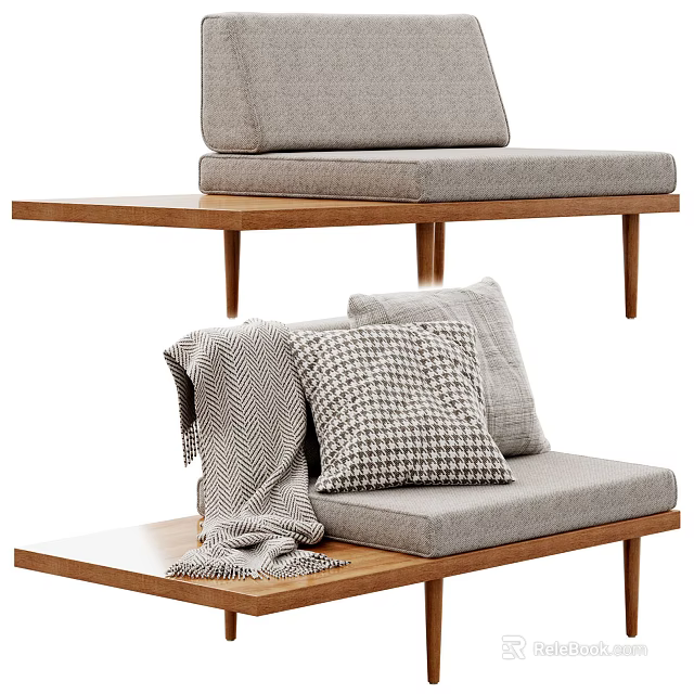 Modern Single Sofa With Wooden Frame Gray Cushion Checkered Pillow And Knit Blanket 3d model 