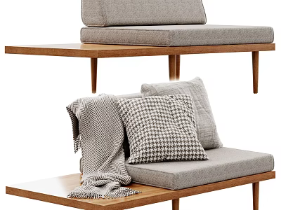 Modern Single Sofa With Wooden Frame Gray Cushion Checkered Pillow And Knit Blanket 3d model