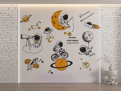 Space Theme Background Wall With Astronaut Moon Planets Telescope And Stickers 3d model