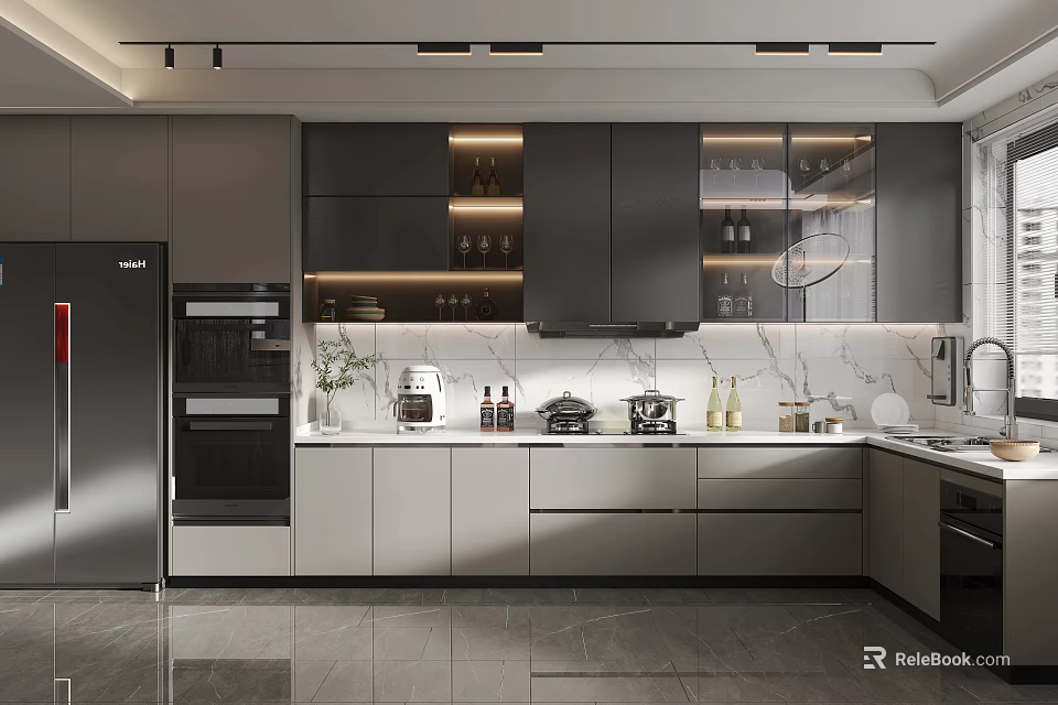 Modern Kitchen Interior With Gray Cabinets Marble Countertops Glass Door Upper Cabinets And Appliances 3d model 
