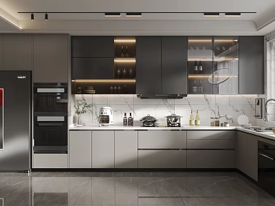 Modern Kitchen Interior With Gray Cabinets Marble Countertops Glass Door Upper Cabinets And Appliances 3d model