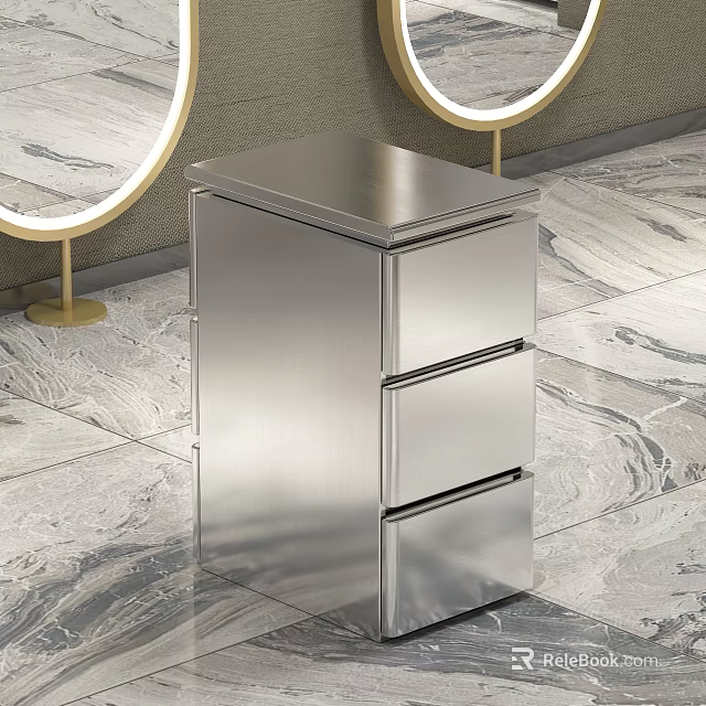 Stainless Steel Cabinet With Drawers On Marble Floor And Round Mirrors With Golden Stands 3d model 