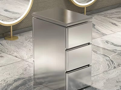 Stainless Steel Cabinet With Drawers On Marble Floor And Round Mirrors With Golden Stands 3d model