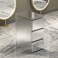 Stainless Steel Cabinet With Drawers On Marble Floor And Round Mirrors With Golden Stands