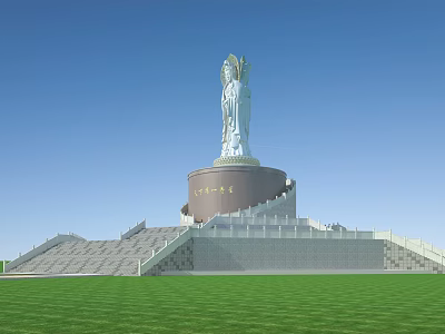 Large White Sculpture with Circular Pedestal and Stone Steps in Green Lawn and Blue Sky 3d model