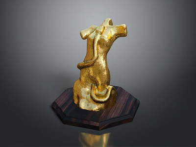 Golden Reptile Statue With Smooth Polished Surface On Dark Wooden Octagonal Base 3d model