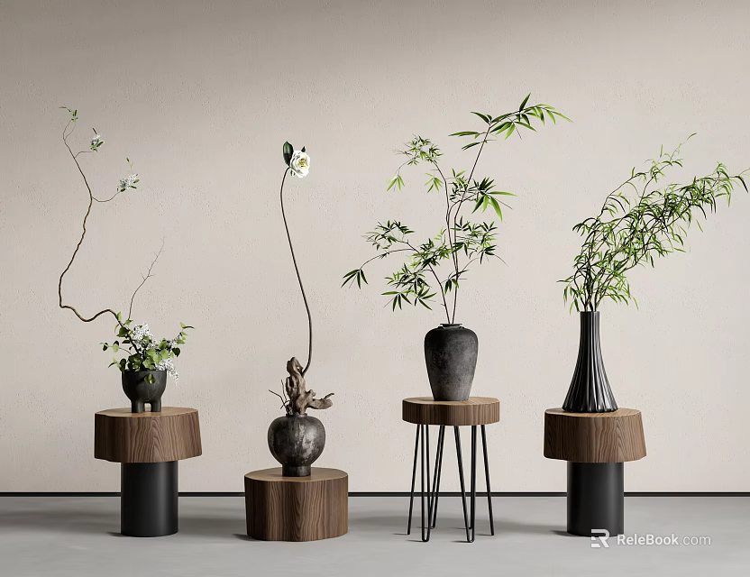 Modern Vases with Bamboo Blossom Branches and Slender Plants on Wooden Metal Stands 3d model 