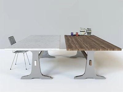 Modern Dining Table Combination With White And Wooden Tops Metal Legs And Chairs 3d model