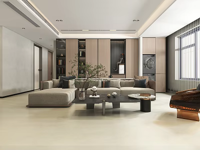 Modern Living And Dining Room Interior Design With Sofa Coffee Table Plant And Wooden Cabinets 3d model