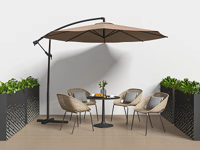 Stylish Outdoor Chairs with Table Fruits Flowers and Patio Umbrella on Wooden Deck 3d model