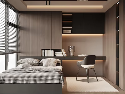 Modern Tatami Bedroom With Wooden Backdrop Desk Books And Blinds 3d model