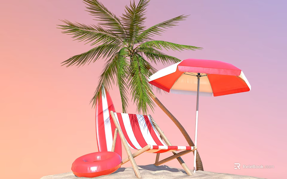 Red And White Striped Beach Lounge Chair Under Palm Tree With Umbrella And Inflatable Ring 3d model 