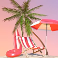 Red And White Striped Beach Lounge Chair Under Palm Tree With Umbrella And Inflatable Ring