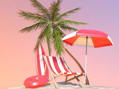 Red And White Striped Beach Lounge Chair Under Palm Tree With Umbrella And Inflatable Ring 3d model