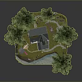 Scenic Rural Landscape With Gray House Tall Green Trees And Calm Blue Water