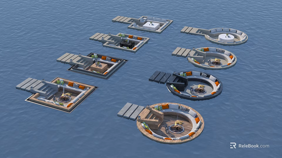 Floating Public Chairs With Various Shapes And Modern Design On Water 3d model 