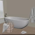 Modern White Freestanding Bathtub With Wicker Basket Towel Hanging Robe And Slippers On Wooden Floor