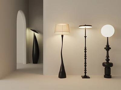 Modern Stylish Floor Lamps With Unique Designs In Minimalist Interior Space 3d model