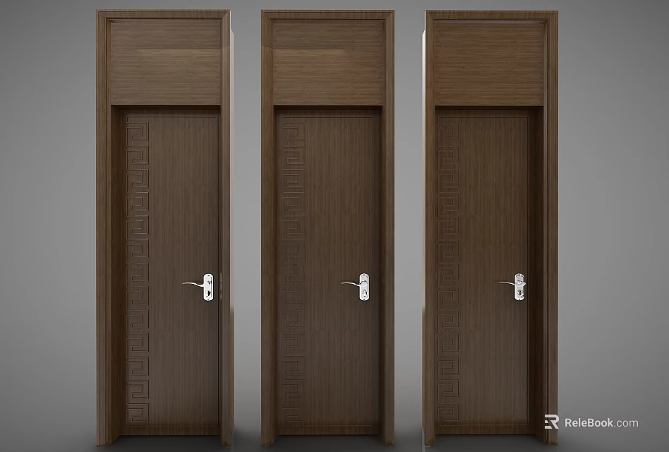 Dark Brown Wooden Hinged Doors With Geometric Patterns And Silver Handles 3d model 