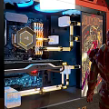 Red COUGAR Computer Case With Blue Fans And Iron Man Figurine Transparent Panel