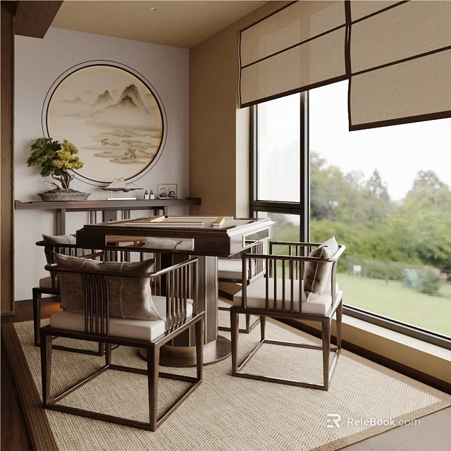 Chinese Style Mahjong Room With Round Table Chairs Landscape Painting Window And Green Plants 3d model 
