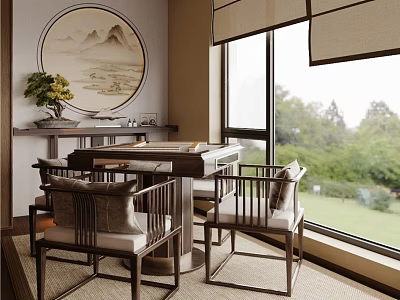 Chinese Style Mahjong Room With Round Table Chairs Landscape Painting Window And Green Plants 3d model