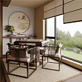 Chinese Style Mahjong Room With Round Table Chairs Landscape Painting Window And Green Plants