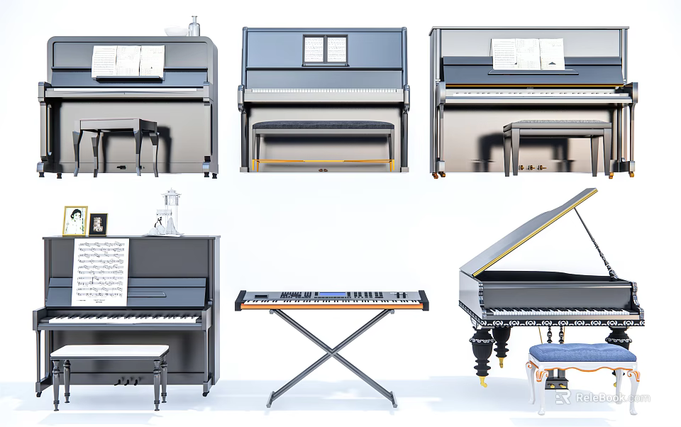 Musical Instruments and Art Supplies Featuring Various Pianos Keyboard Sheet Music and Stools 3d model 