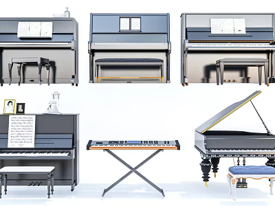 Musical Instruments and Art Supplies Featuring Various Pianos Keyboard Sheet Music and Stools 3d model