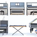 Musical Instruments and Art Supplies Featuring Various Pianos Keyboard Sheet Music and Stools